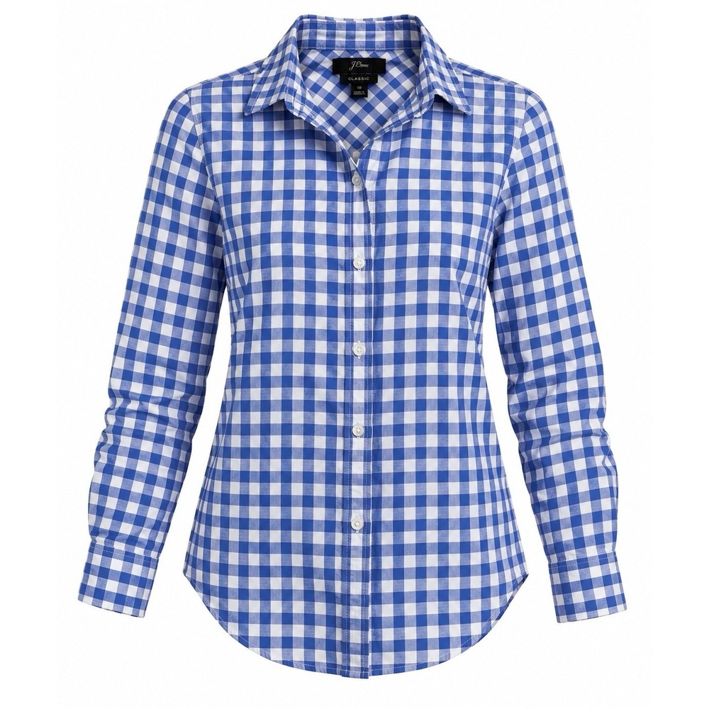 J Crew Classic Boy Shirt Womens 10 Blue White Gingham Check Button Up Preppy
